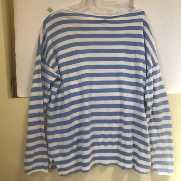 Caslon Cotton Oversized Striped Lightweight Sweater Crew Neck Slit Soft Coastal - Picture 2 of 10